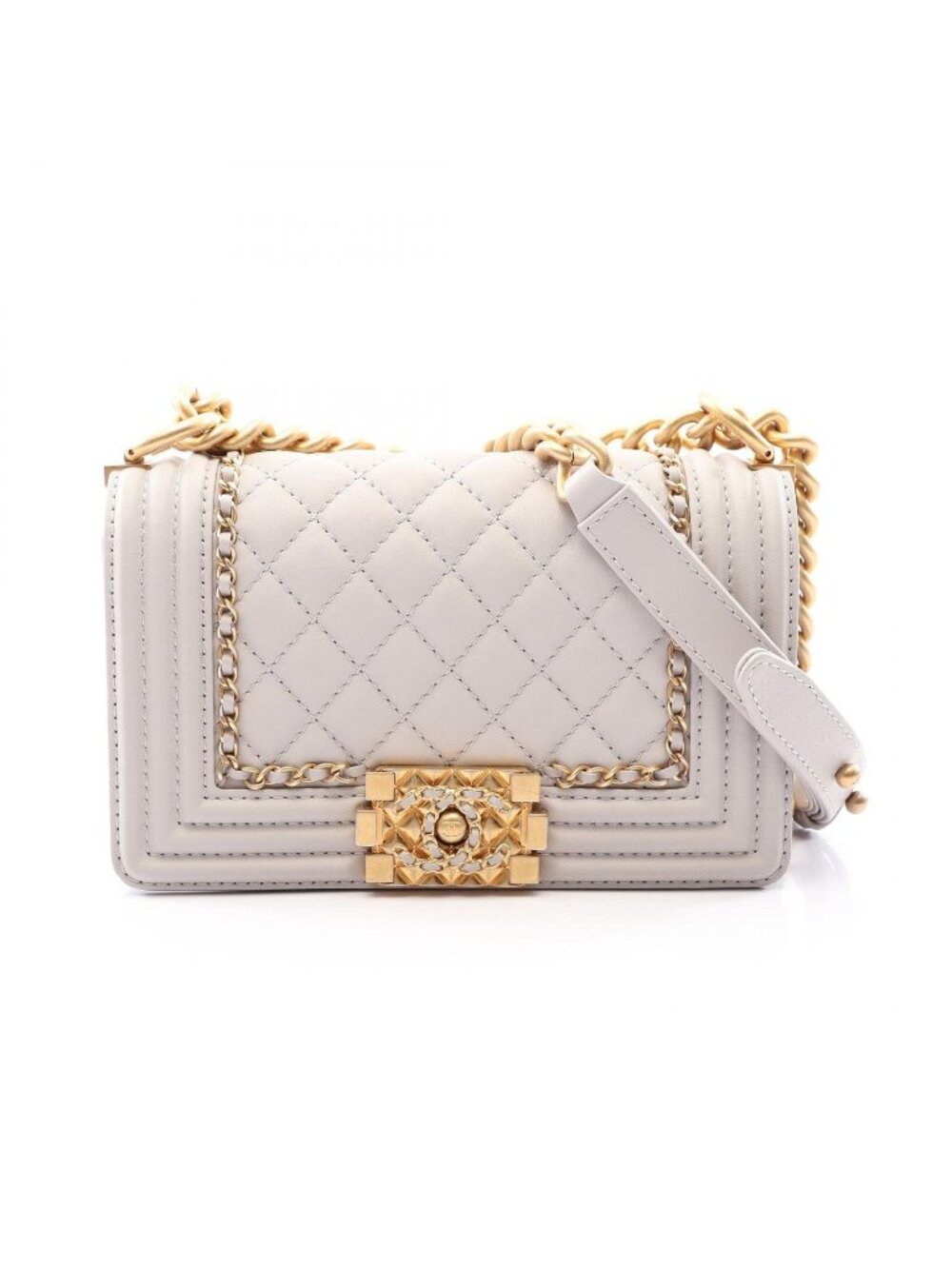 Chanel Shoulder Bag Boy Small Light Gray Leather Chain